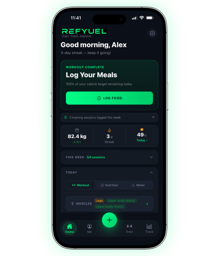Refyuel Health OS app on a phone showing the home screen